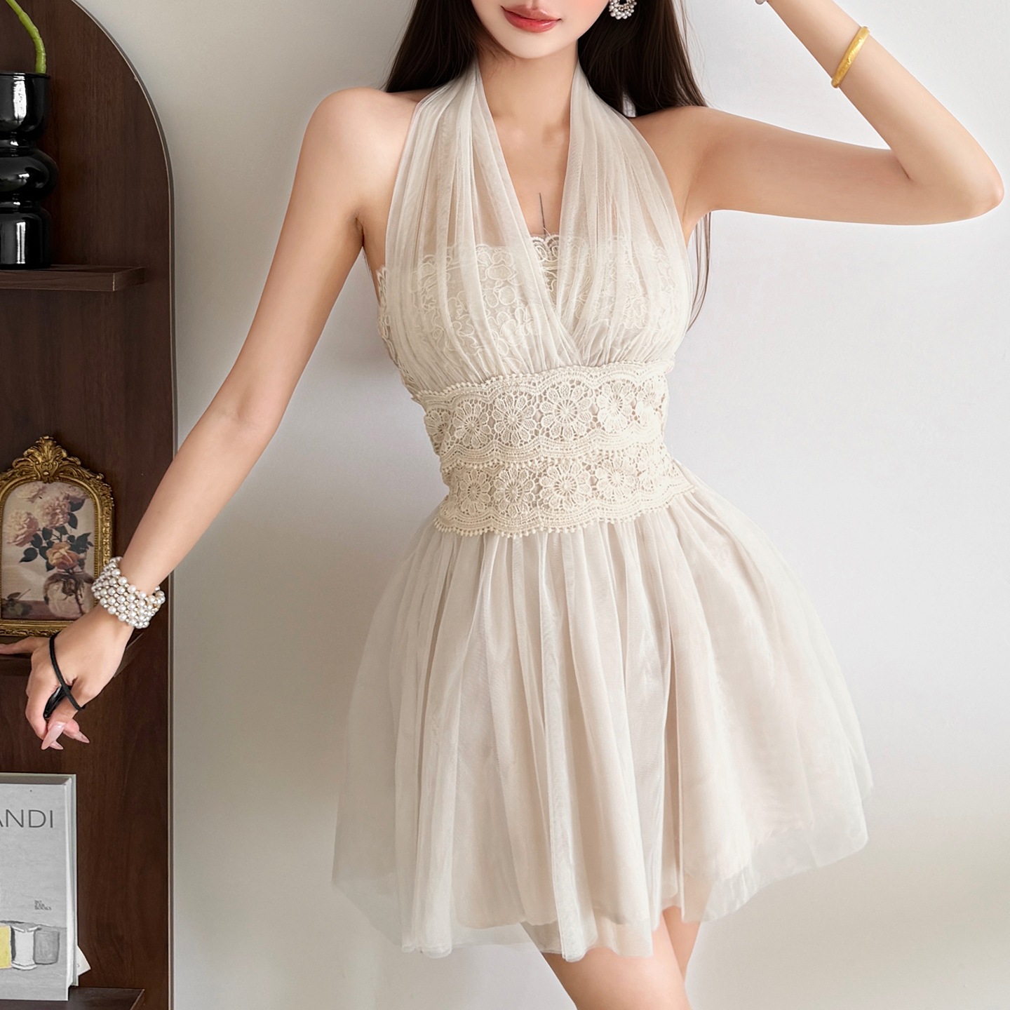 2026 European and American Cross-Border Summer New Niche Irregular Multi-Faceted Mesh Patchwork Waist-Slimming Dress for Women