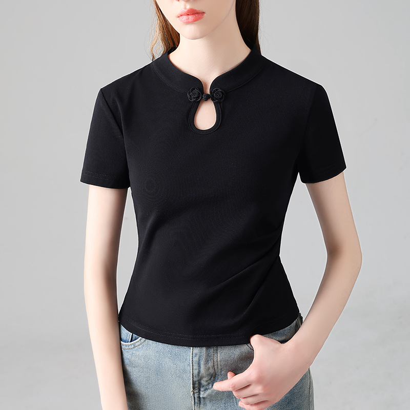 Camiseta negra de mangas cortas para mujeres 2025 nuevo diseño de moda de mujer china sensación de camiseta de algodón de estilo nacional cheongsam cuello de cintura superior