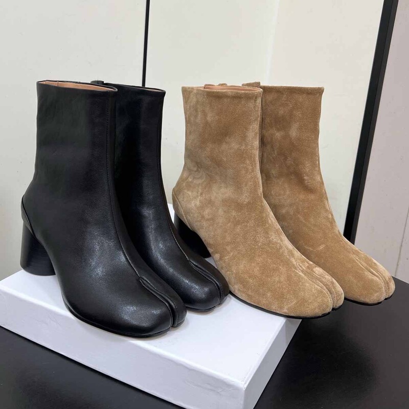 MM6 boots British retro chunky high heel tabi women's boots mid-calf short boots split-toe shoes Chelsea boots for women