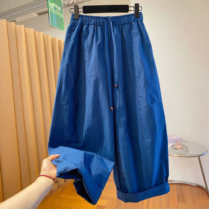 Cross-Border Solid Color Plus Size 120kg Blue Cropped Casual Pants for Women, Summer Loose Straight-Leg Wide-Leg Pants for Plus-Size Women, Ins Style