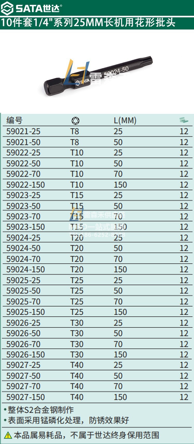 10件套1/4系列25MM长机用花形批头T8