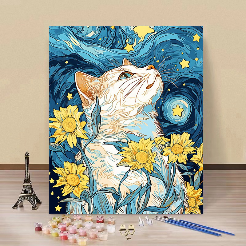 Pintura por números “Gato Estrellado” — arte DIY de fábrica al por mayor, estilo Van Gogh, flores y paisajes hechos a mano