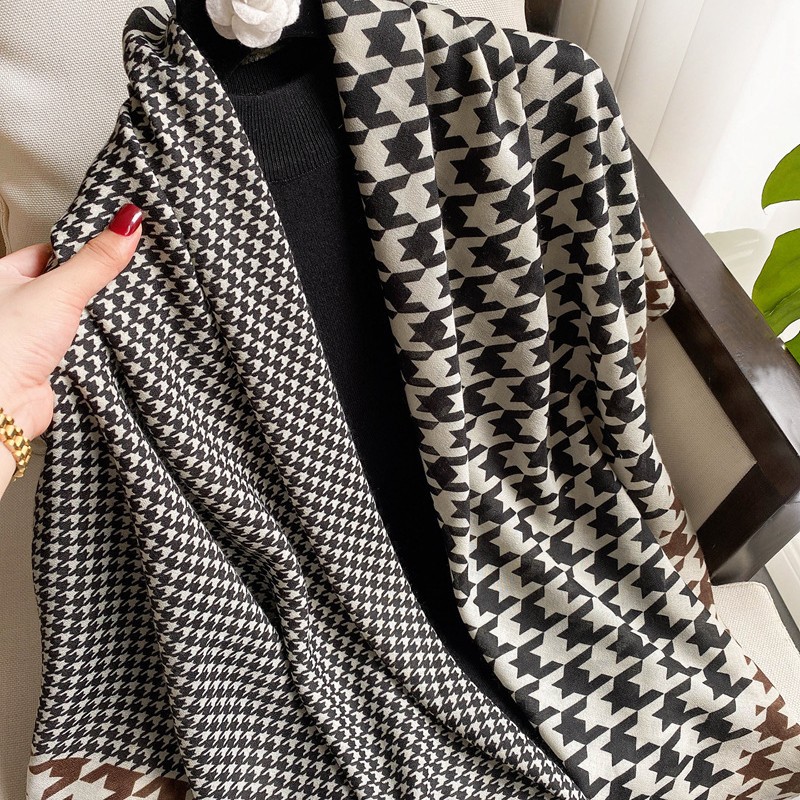 Estilo coreano de las mujeres del todo-fósforo houndstooth impreso algodón y lino bufanda cuadrada grande bufanda de playa 135*135cm