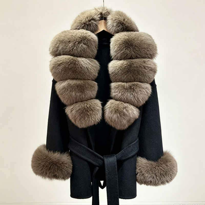 Fall/Winter Bestseller Women's Wool Coat with Natural Extra-Large Real Fox Fur Collar, Mid-Length, Waist-Cinching, Belted Woolen Coat Fall/Winter Bestseller Women's Wool Coat with Natural Extra-Large Real Fox Fur Collar, Mid-Length, Waist-Cinching, Belted Woolen Coat