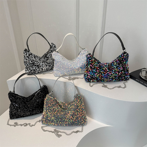 Elevated-Style Sequin Underarm Mini Square Bag for Women, 2024 New Arrival Fashionable Chain Shoulder Bag, Crossbody Bag for International Markets