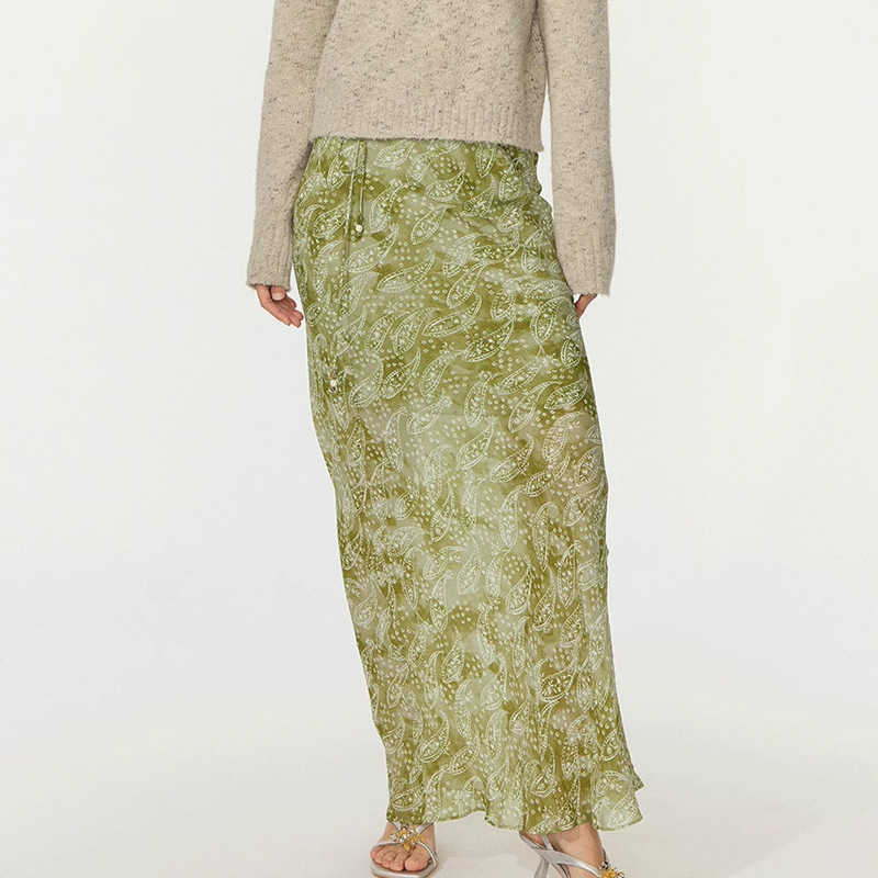 In-Stock Sagestu Floating Green Ink-Dyed Paisley Long Skirt 2026 Spring New Print Hem Skirt