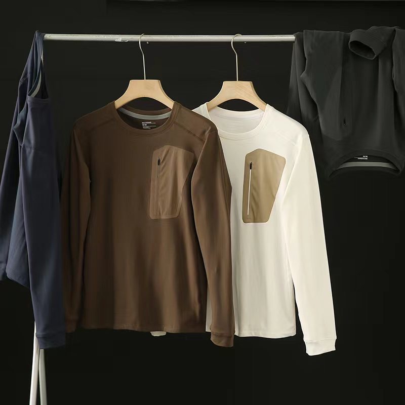 Men's Clothing Outdoor sports running casual loose solid color pullover milk silk fleece bottoming shirt long sleeve T shirt_voghion.com