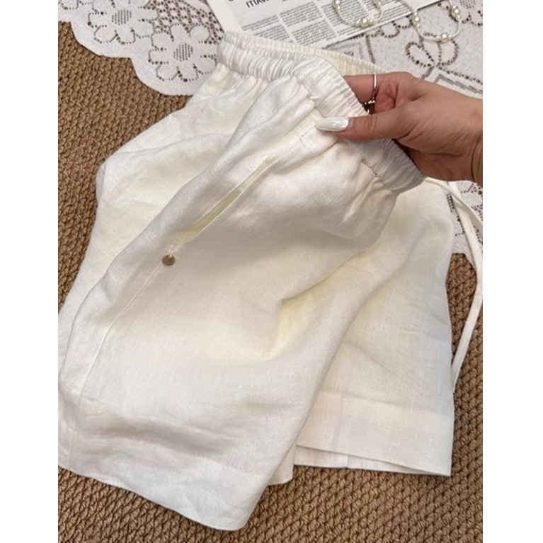 심천 난유 라이트 럭셔리 하이엔드 상품~여름 아우터로 입기 좋은 여성용 화이트 린넨 반바지, 키가 커보이는 A라인 5부 와이드 팬츠