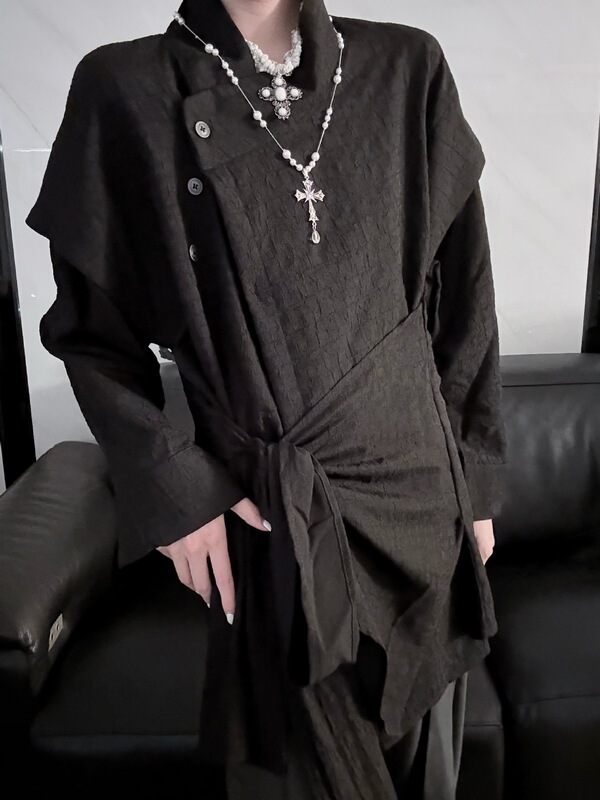 小众设计感长袖衬衫男女山本风肌理解构新中式斜门襟绑带衬衣外套|undefined