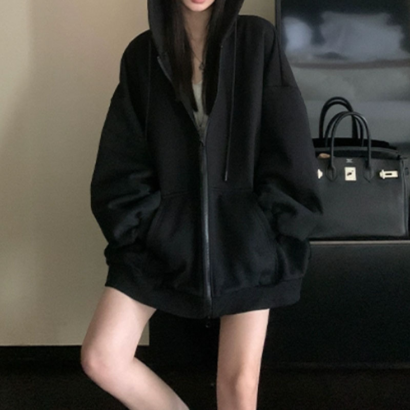 黑色连帽拉链卫衣外套女冬季加绒加厚慵懒风休闲宽松上衣2025秋季|undefined