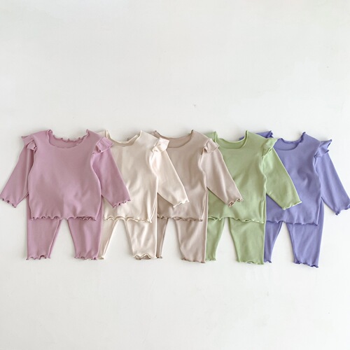 Korean style home clothes for infants and young children, sweet little flying sleeves tops and pants for baby girls, stretchy and comfortable cotton suit with fungus