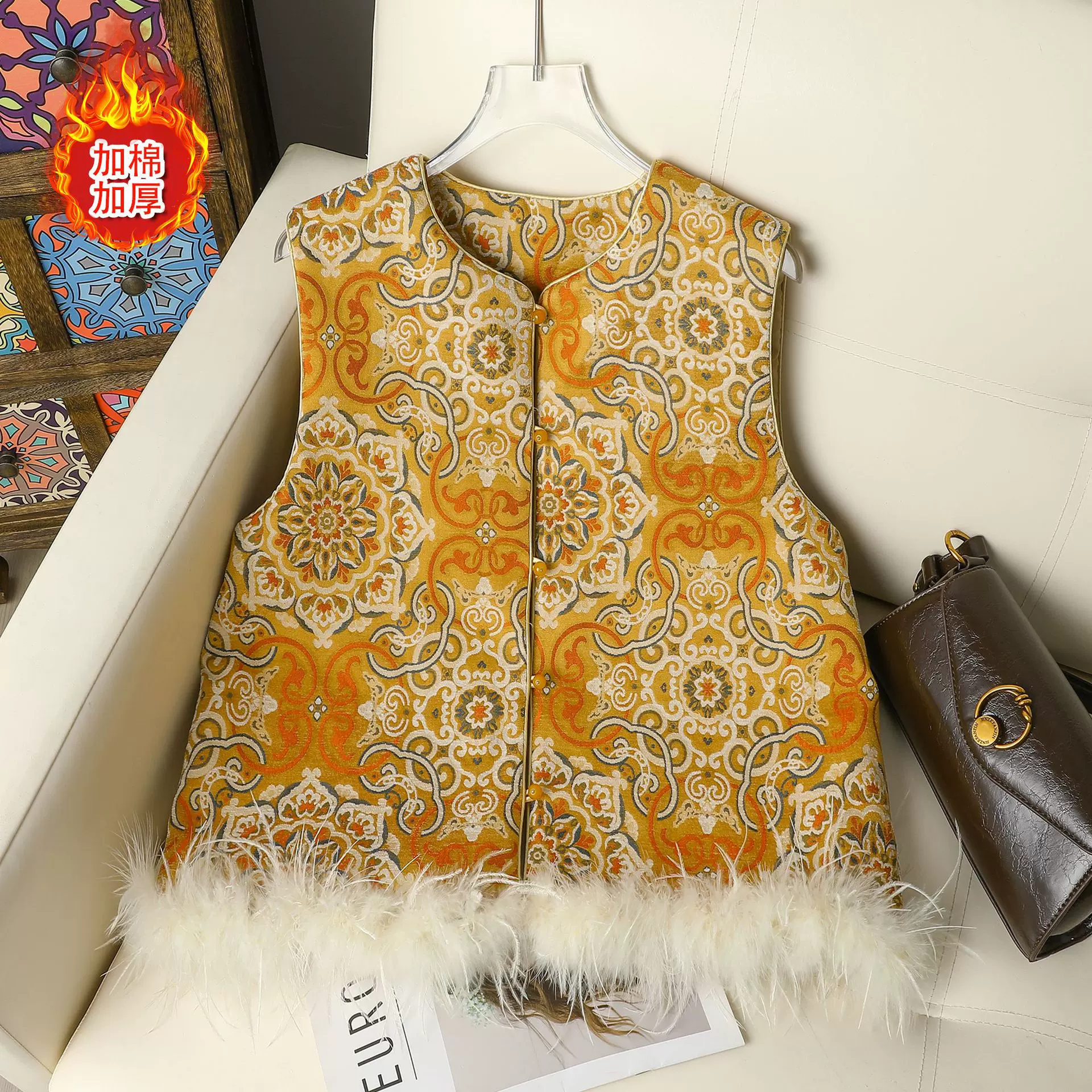 新款新中式国风鸵鸟毛装饰外套秋重工刺绣提花圆领显瘦上衣女马甲