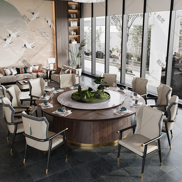 Nueva habitación privada de estilo chino con mesa giratoria eléctrica de losa de piedra, mesa redonda grande de madera maciza de 1.8 m para 24 personas, juego de mesa y sillas de comedor para hotel.