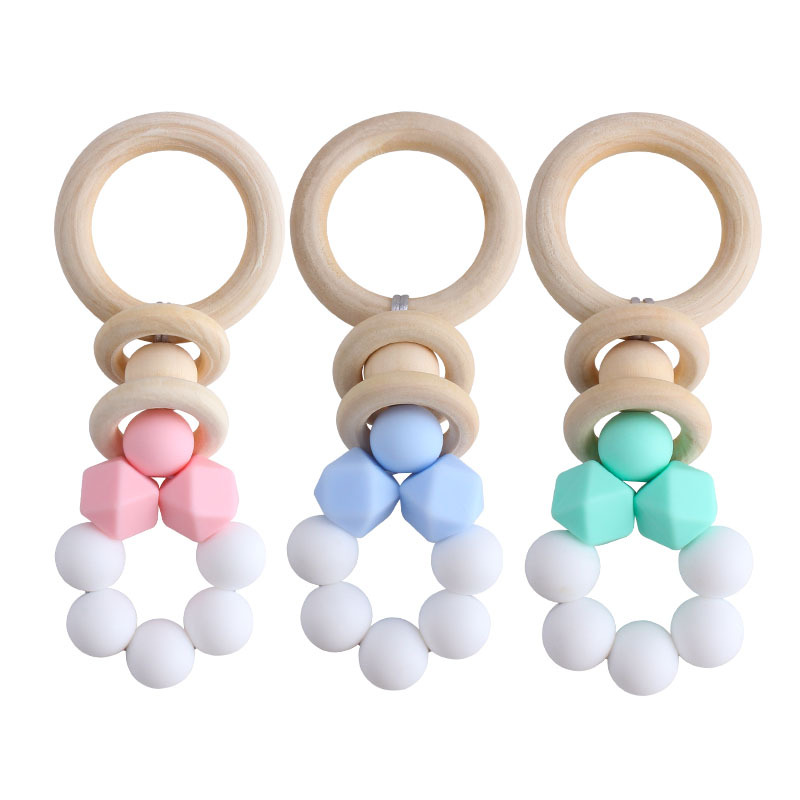 Nuevo bebé suministros DIY creativo anillo de madera teether bebé calmante silicona juguete dientes de molienda palo teether