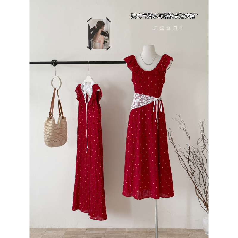 French-Style Small Flutter Sleeve Round Neck Red Polka Dot Dress, Summer Women's Elegant Sweet Slimming Long Dress with Lace Scarf