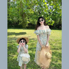 夏新款母女親子裝連衣裙碎花a類棉布沙灘裙中長款淑女收腰顯瘦裙