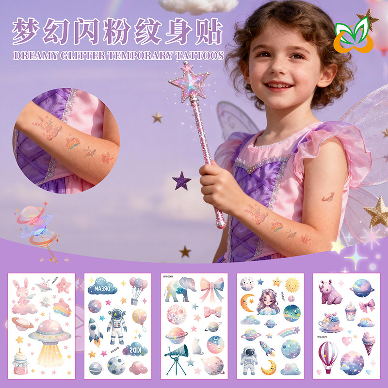 Cross-Border Wholesale Glitter Space Planet Tattoo Stickers for Boys and Girls Temporary Tattoo Cartoon Export Glitter Tattoo Stickers