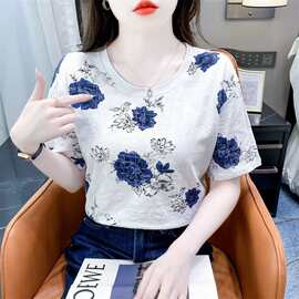 短袖T恤女2026夏季新款韩版洋气简约百搭休闲宽松圆领印花短袖ins