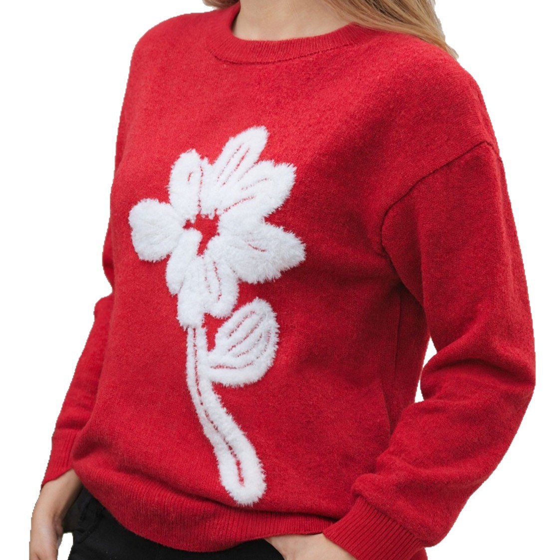 Fashionable floral jacquard round neck long-sleeved sweater European and American cross-border foreign trade women's solid color casual pullover sweater for women