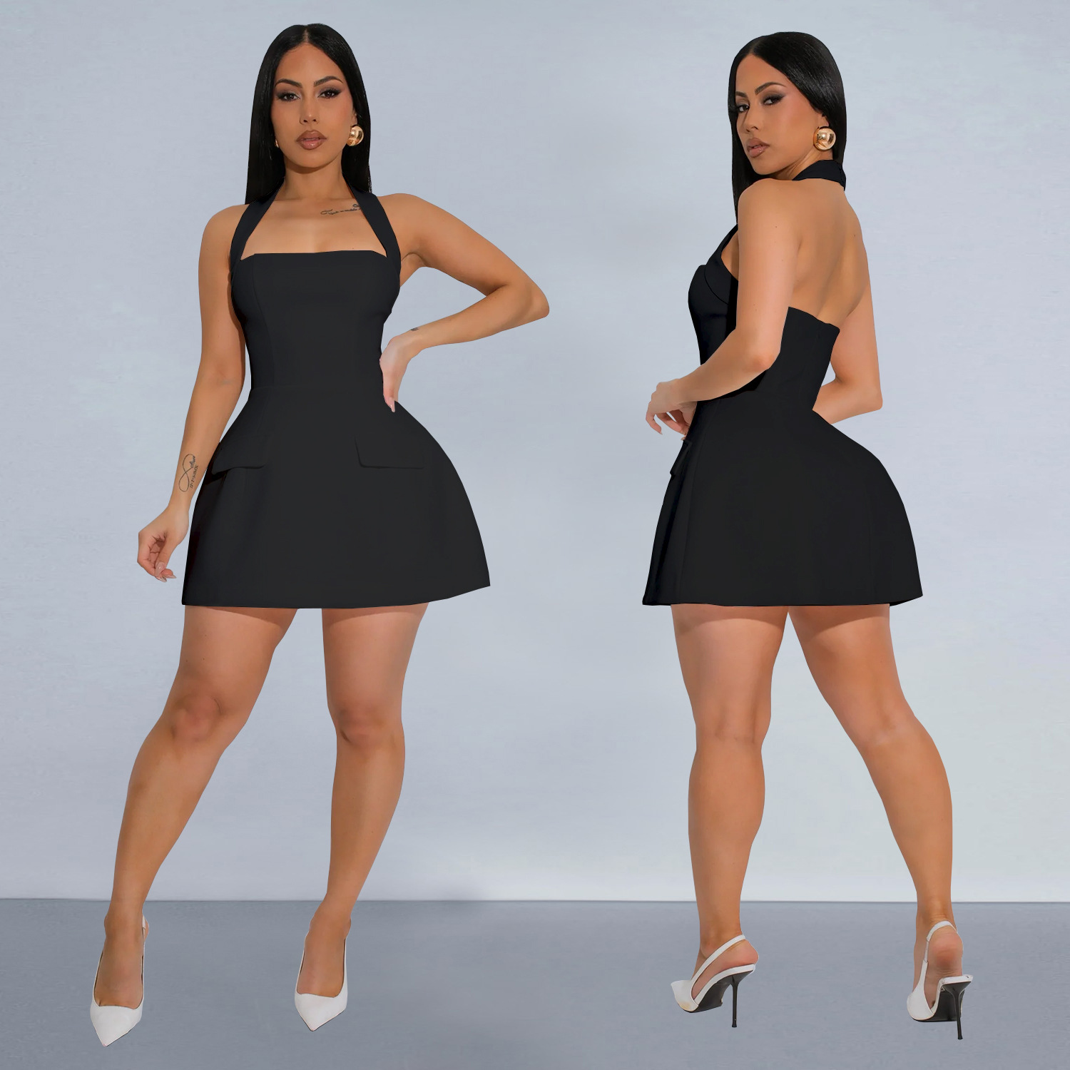 C7266 cross-border AliExpress Amazon Europa y América moda de mujer cuello de cuello de espalda vestido corto nuevo