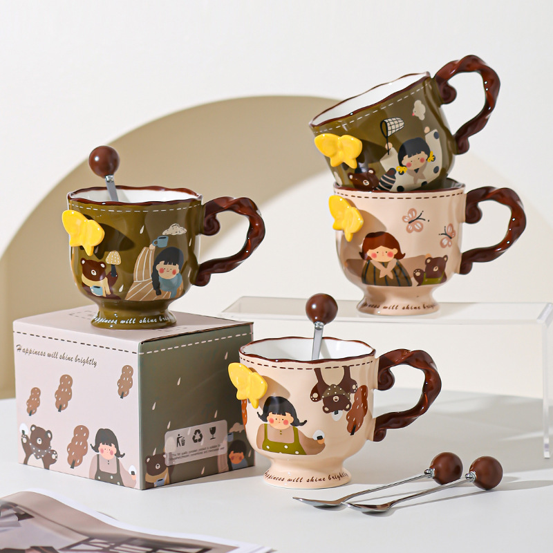 Retro encantadora chica taza de cerámica de alto valor de visualización de oficina casa taza de agua taza de café mano regalo de cumpleaños al por mayor