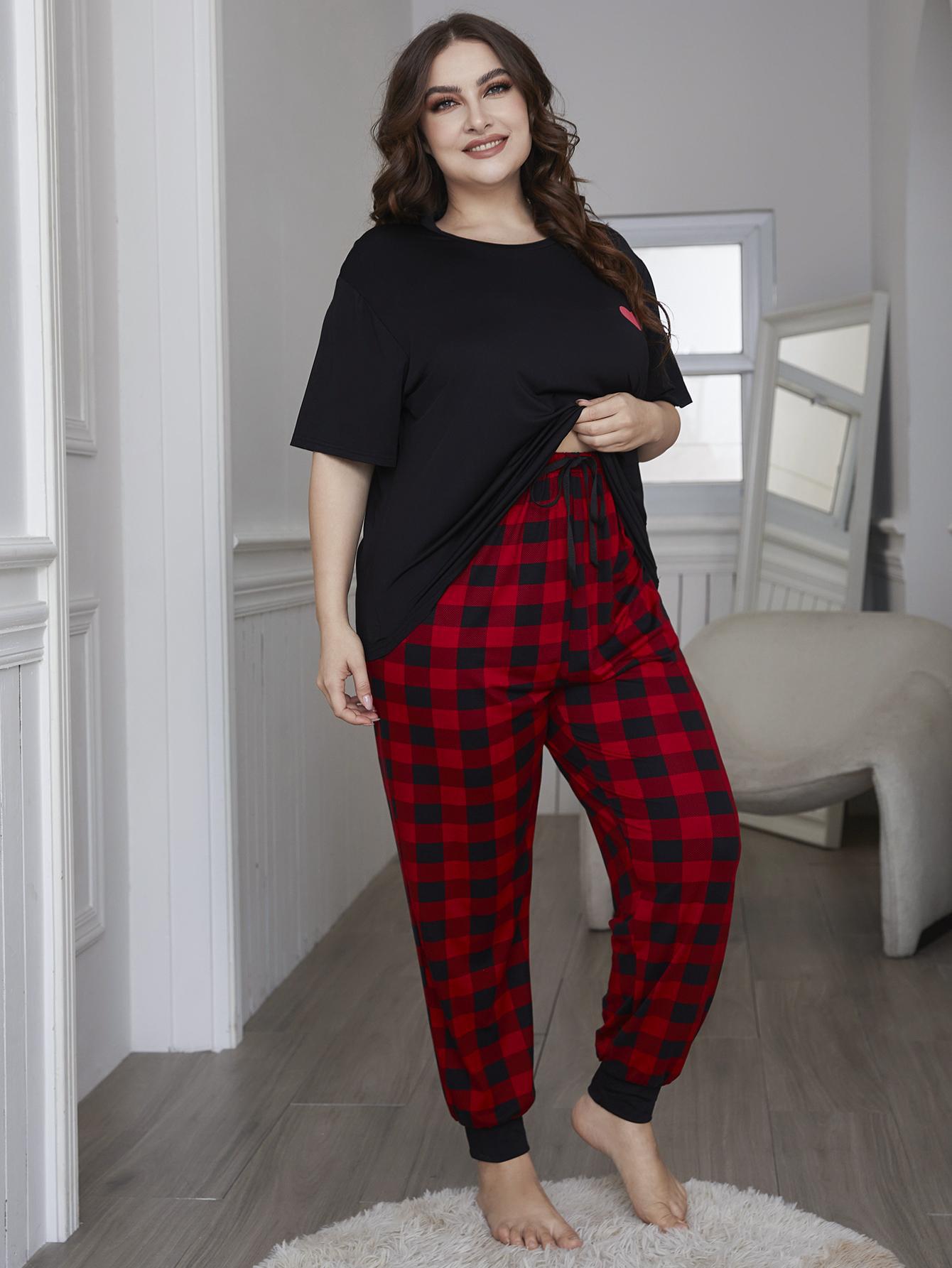 plus size round neck short sleeve loose plaid two-piece Loungewear-Can be worn outside NSWFC130310