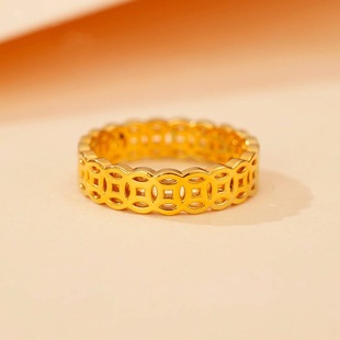 18K Gold Copper Coin Ring Au750 Color Gold Fashionable and Generous Simple Five Emperors Copper Coin Transfer Fortune Water Shell Gold