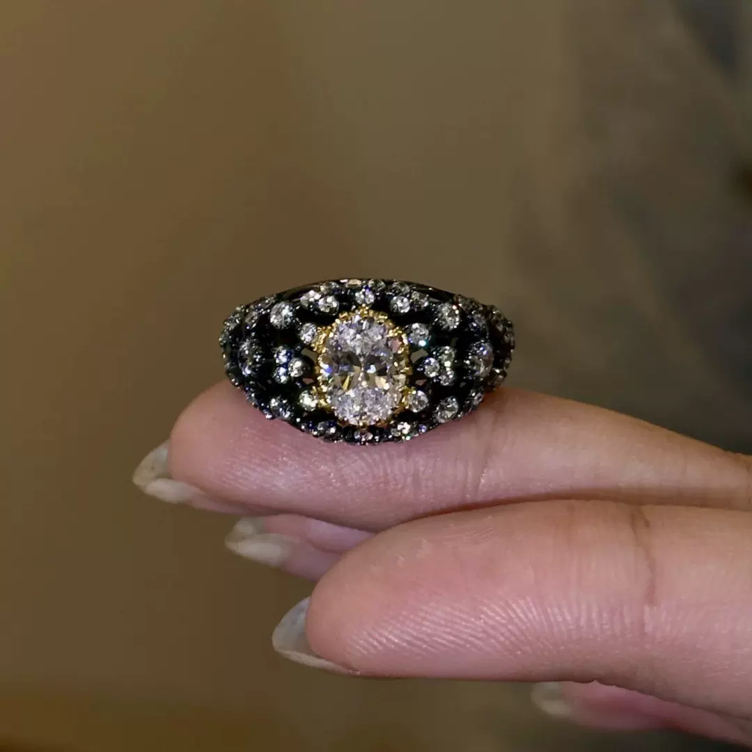 《黑暗法则》vintager中古黑金椭圆闪钻戒指女重工轻奢高级感指环