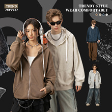 男装秋冬美式大地色运动宽松情侣装连帽拉链开衫大毛圈卫衣外套男