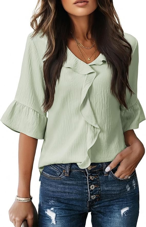 Women's V-neck Ruffle Blouse Flutter Sleeves Flowy Cold Silk Top_voghion.com