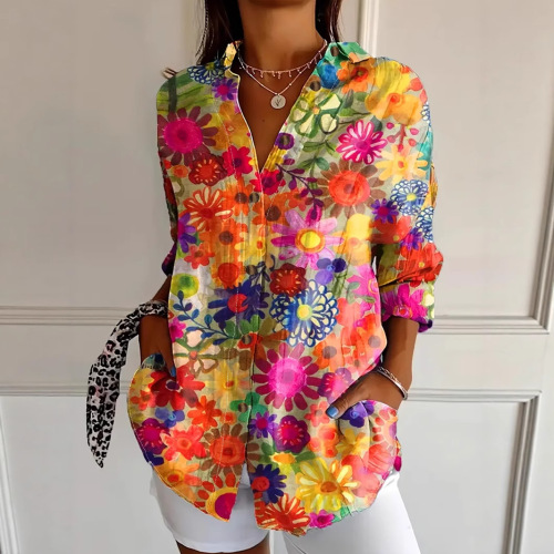 European and American fashionable bright color floral print casual vacation long-sleeved shirt tropical flowers