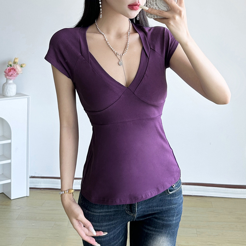 Girl's Style Short-sleeved Top With Tie-up Bow, Waist-cinching, Slimming, Sexy V-neck, Casual And Versatile_ecoleips.com