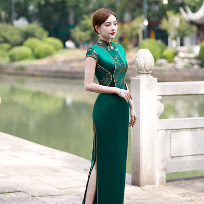 Dark green red Chinese Dresses Oriental Qipao wedding party Cheongsam dress for women girls Young girl Chinese style miss etiquette host singers catwalk cheongsam dress