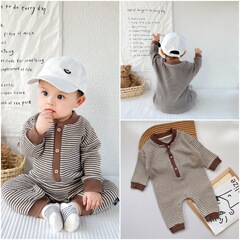 嬰幼兒連體衣ins風韓版男女寶寶爬服兒童外出華夫格條紋連身衣潮