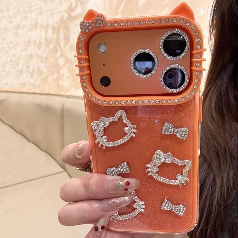 Cat Ears Full of Diamonds and Bow Ties Suitable for Iphone17Promax Mobile Phone Case New Model 16Pm Cute Cartoon Apple 15 Cat Ears Full of Diamonds and Bow Ties Suitable for Iphone17Promax Mobile Phone Case New Model 16Pm Cute Cartoon Apple 15