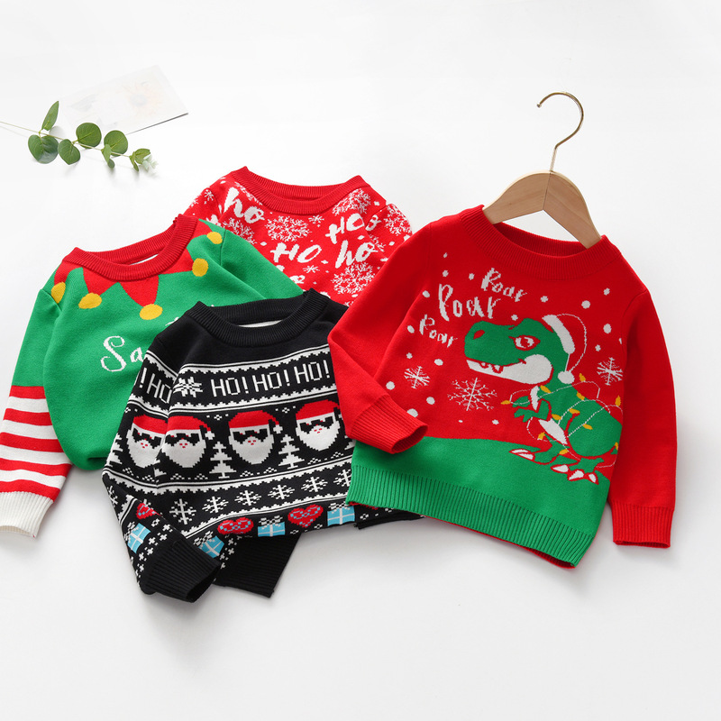 Autumn 2023 New Children's Sweater Knitted Pullover Children's Christmas Element Double Jacquard Base Clothes ins