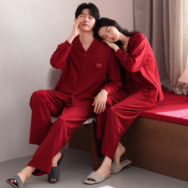 Newlyweds Bright Red High-End Long-Sleeved Pants Cardigan Pure Cotton Couple Pajamas Men and Women High-End Cotton Home Clothes Winter