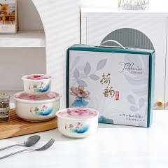 陶瓷保鮮碗三件套禮盒裝泡麵碗帶蓋碗禮品碗套裝開業活動禮品批發