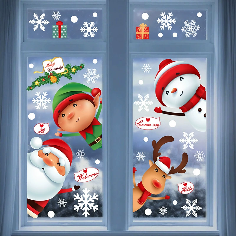 Популярные рождественские электростатические наклейки на стекло от TEMU: снежинки и Санта-Клаус, декоративные элементы для создания атмосферы, наклейки на окна и двери.