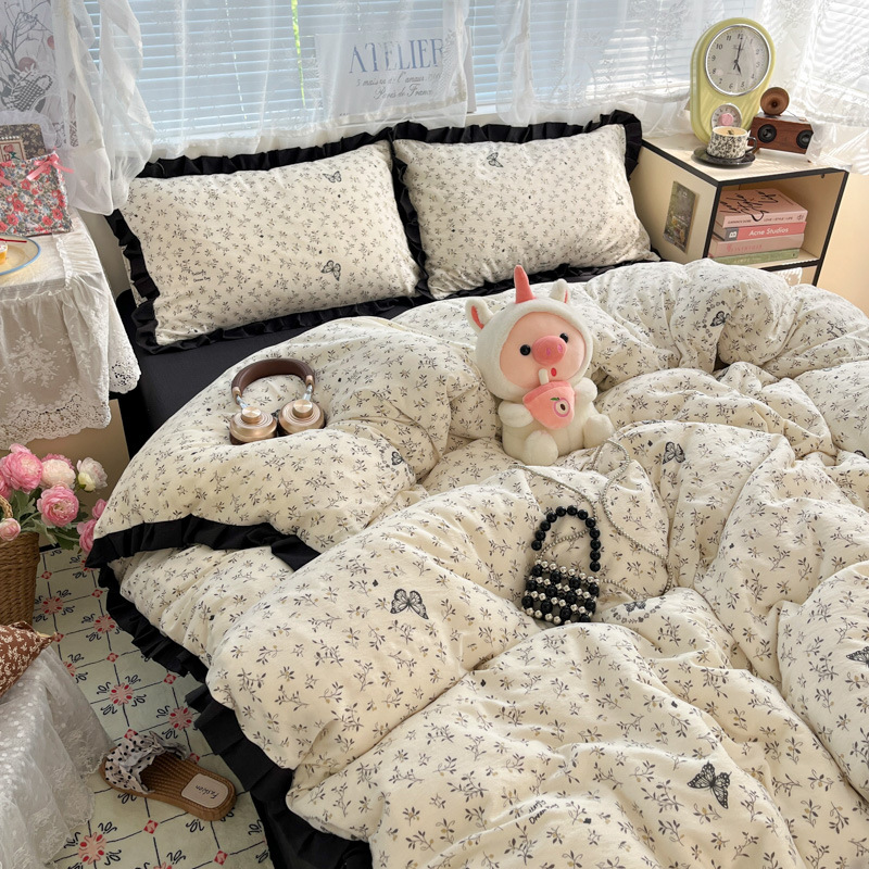 Class a Ins Accessible Luxury Style Double-Layer Yarn Skin-Friendly Cotton Four-Piece Bed Bed Sheets Lace Quilt Cover Single and Double Home Bed Bed Sheets