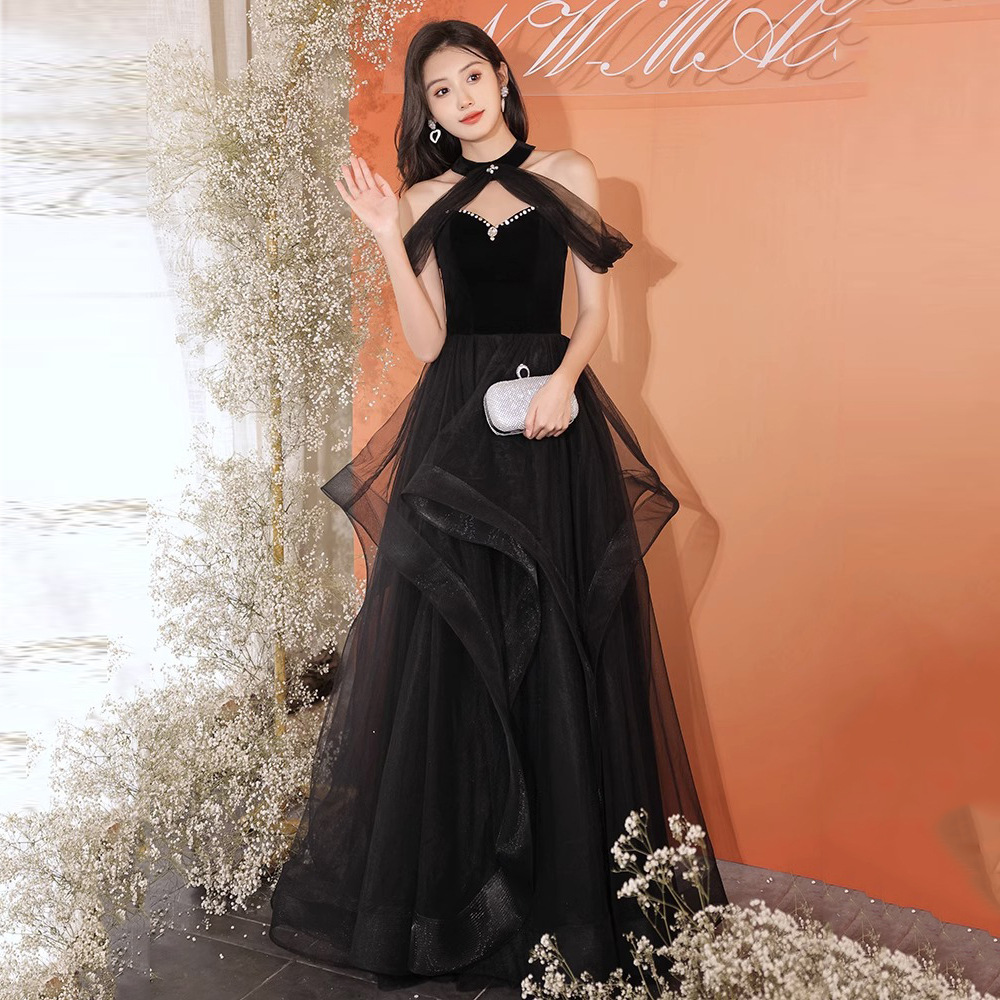 Vestido de noche negro para mujer, de alta gama, ligero y lujoso, exclusivo, ideal para anfitrionas, presentaciones de piano, exámenes de arte vocal, con un toque de sofisticación.