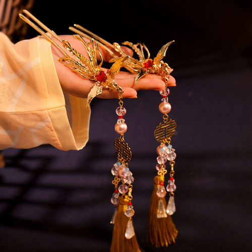 New Chinese-style phoenix hairpin, dangling earrings, bridal wedding dress, embroidered headwear, Ming-style Tang-style hairpins, cheongsam hair accessories