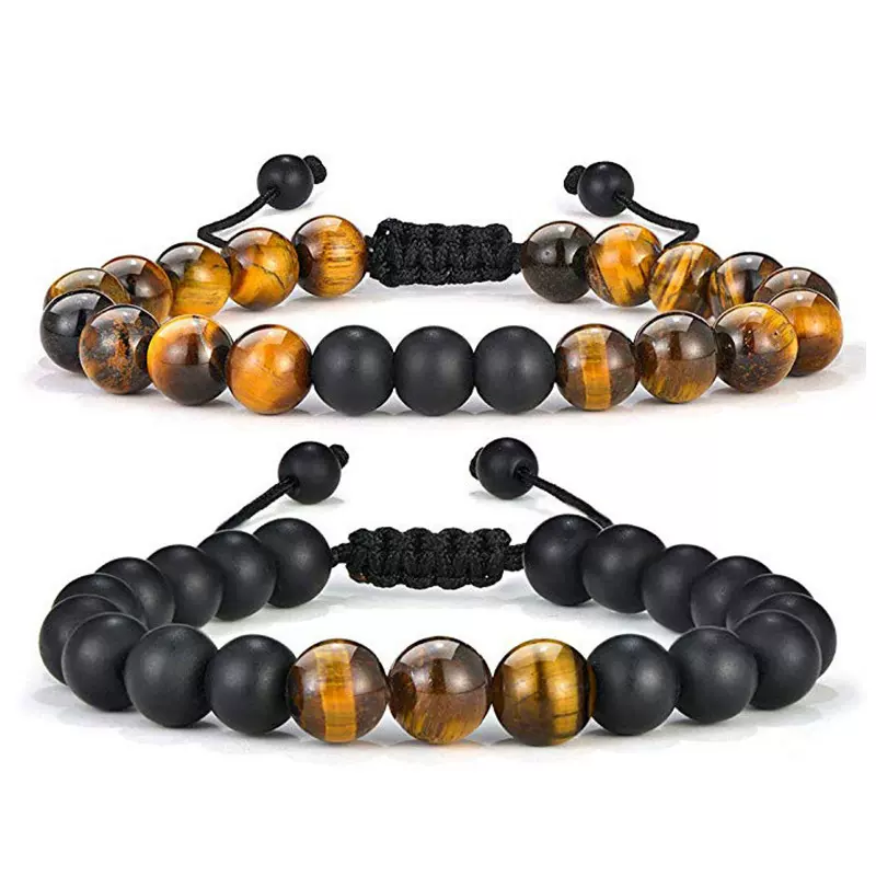 时尚欧美热卖手饰手工编织串珠黄虎眼磨砂石情侣手链现货批发