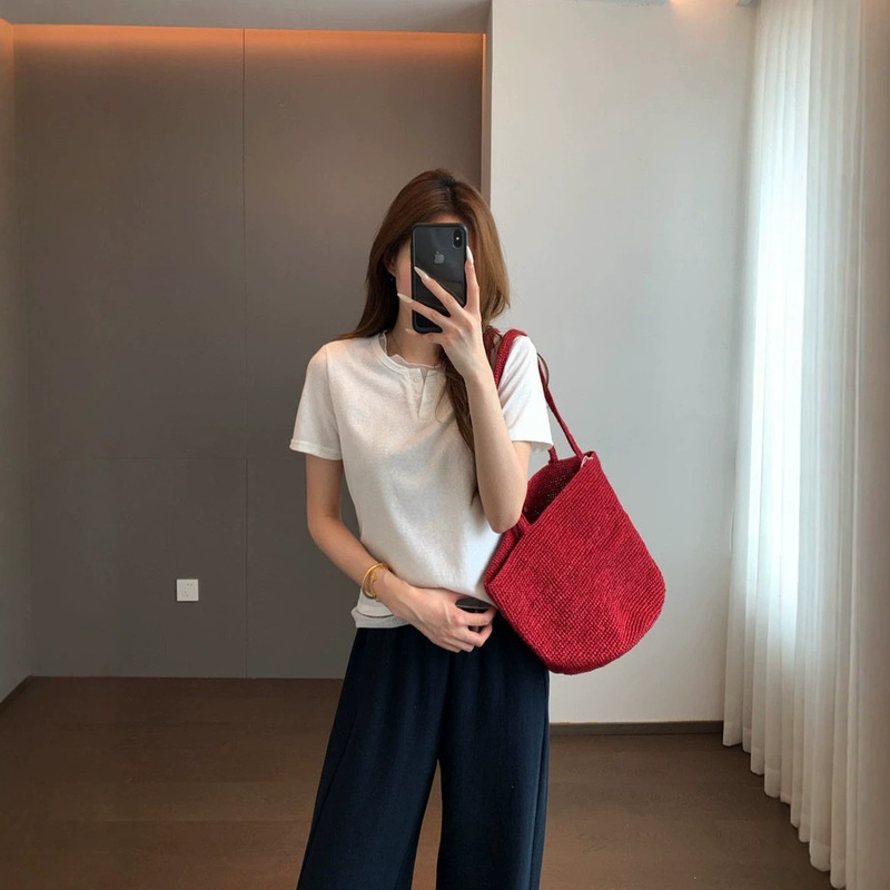 Mesh patchwork fitted design, slimming and figure-flattering, scoop neck, short sleeves, drop shoulder T-shirt, 2026 summer women's