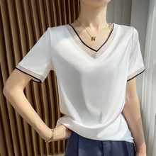 夏季新款醋酸緞面短袖T恤網紗女拼接V領時尚洋氣大碼半袖女上衣