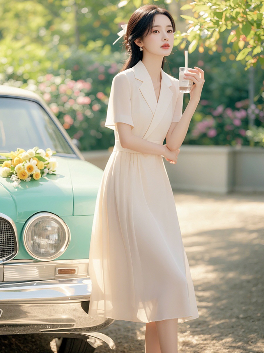 Váy liền voan trắng thắt eo dáng maxi cho nữ mùa hè — Màu trắng chi tiết 5