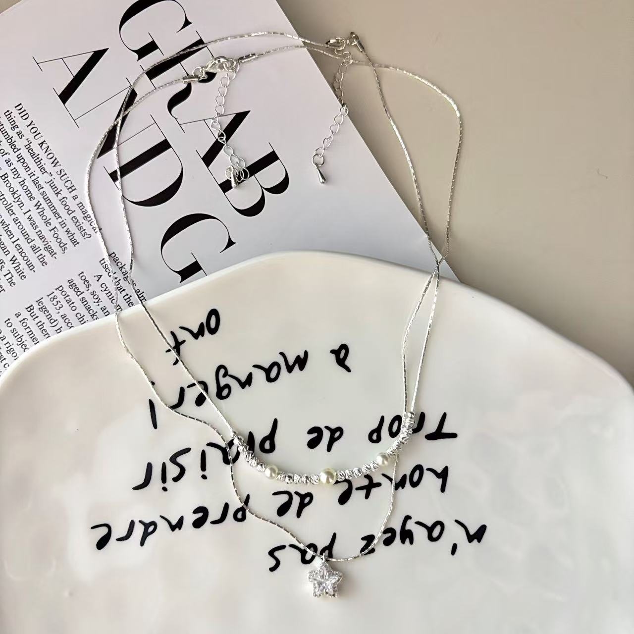 소중 경사 오각별 더블 레이어드 진주 목걸이 여고급감 기질 패션 백합 쇄