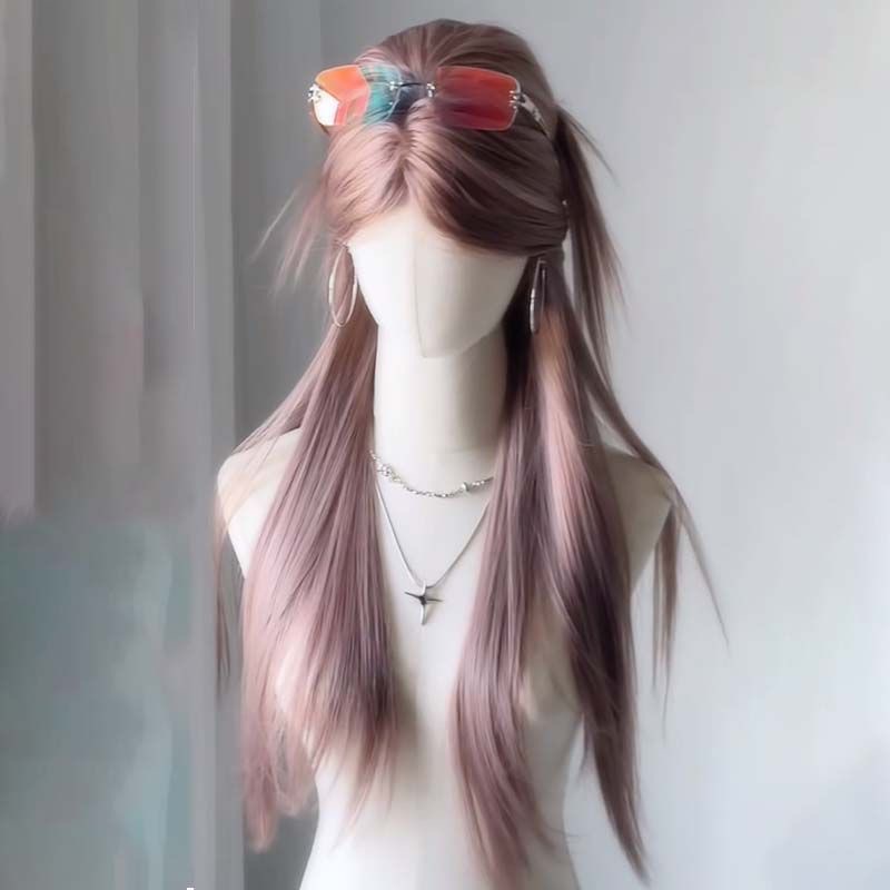 Perucă Koni [Fată Asiatică Atrăgătoare] Perucă Naturală de Vară cu Eleganță Asiatică în Roz Pudrat, Păr Lung și Drept