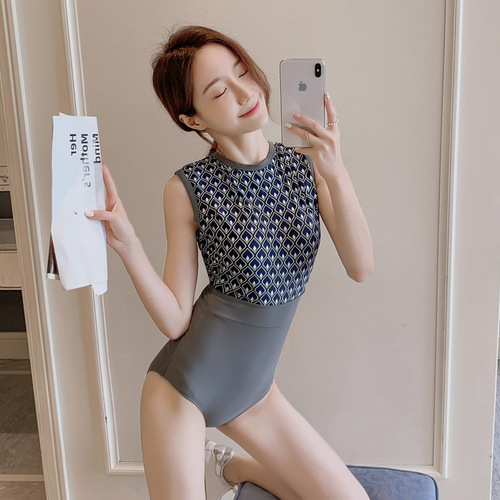  women's new Japanese and Korean one-piece swimsuit briefs leaking back printed belly-covering slimming hot spring vacation swimsuit