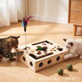 木质猫咪自嗨玩具益智磨爪自嗨带逗猫棒互动游戏猫抓球逗猫游戏盒